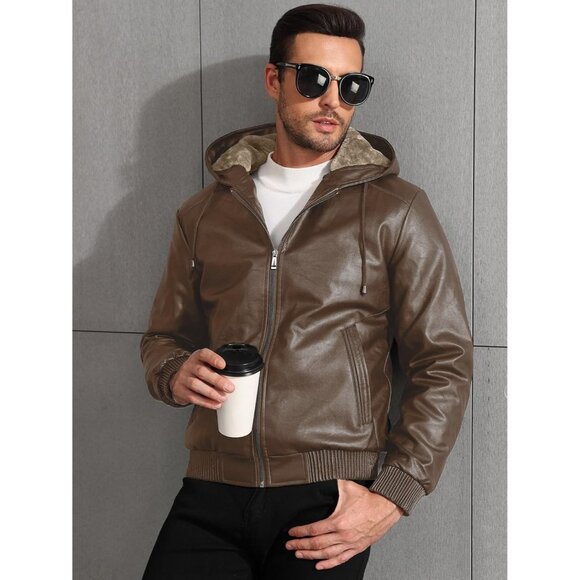 Brand New Men's Brown Polyester Sherpa Lined Hooded Faux Leather Bomber Jacket - Picture 8 of 9